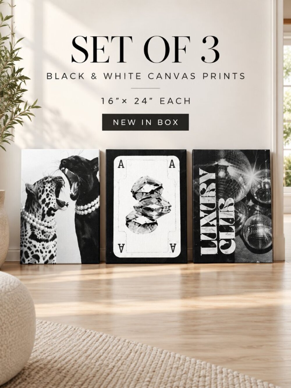Set of 3 Black White Modern Wall Art Prints New in Box